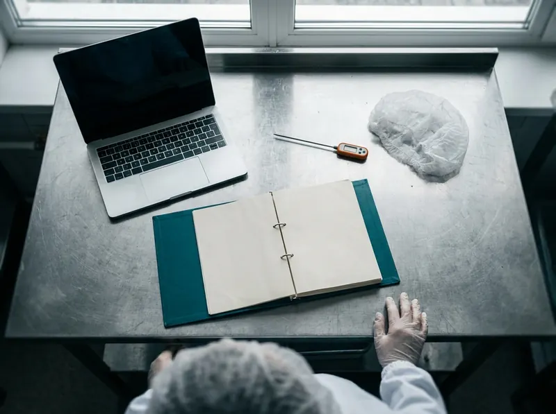 Consultant's desk in a food plant with a laptop, an open food safety binder, a probe thermometer and a hairnet