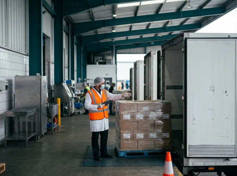 Warehouse inspector checking an imported food pallet against records at a receiving dock