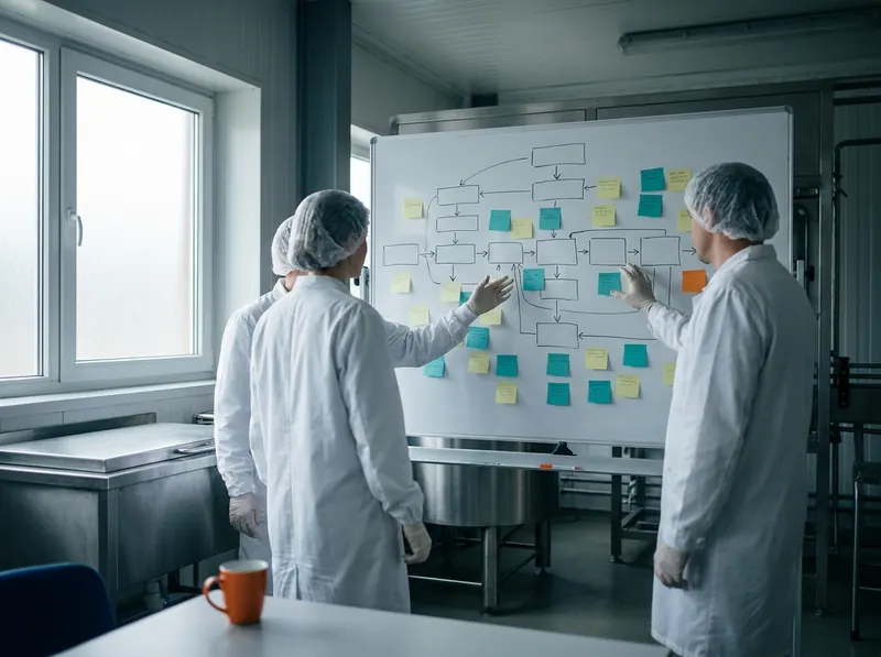 Food safety team mapping a process flow diagram on a whiteboard in a plant meeting room