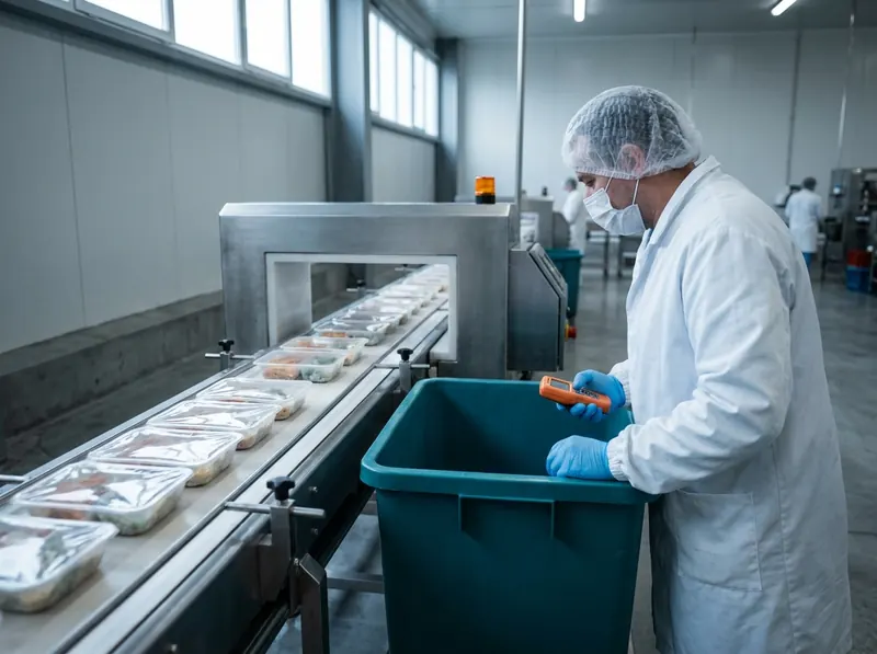 Operario con cofia y guantes verificando un detector de metales con una pieza de prueba en una línea de envasado