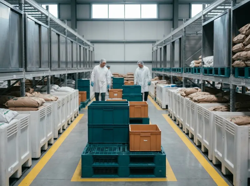Ingredient warehouse with color-coded dedicated bins segregated by floor markings