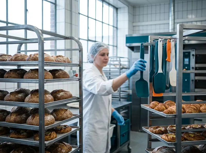 Sealed ingredient containers with supplier labels on a clean stainless steel prep table