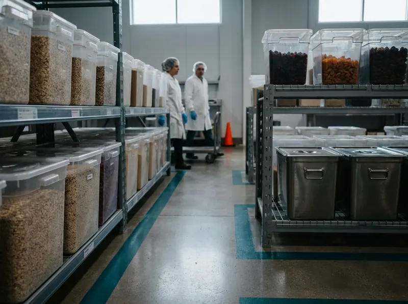 Bins of organic produce and dry ingredients with lot labels on a warehouse shelf