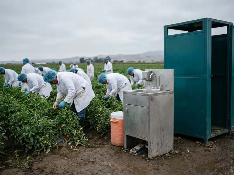 Harvest crew in a tomato field with a portable handwashing and field sanitation station
