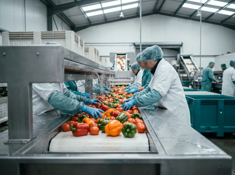 Produce packhouse worker inspecting boxed mangoes on a packing line before cold storage