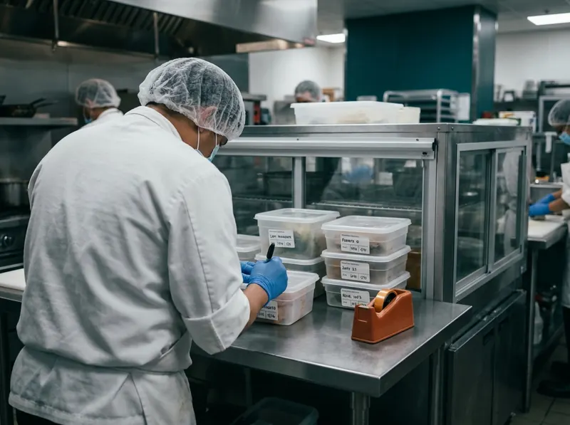Line cook labeling and date-marking prepared food containers in a restaurant kitchen