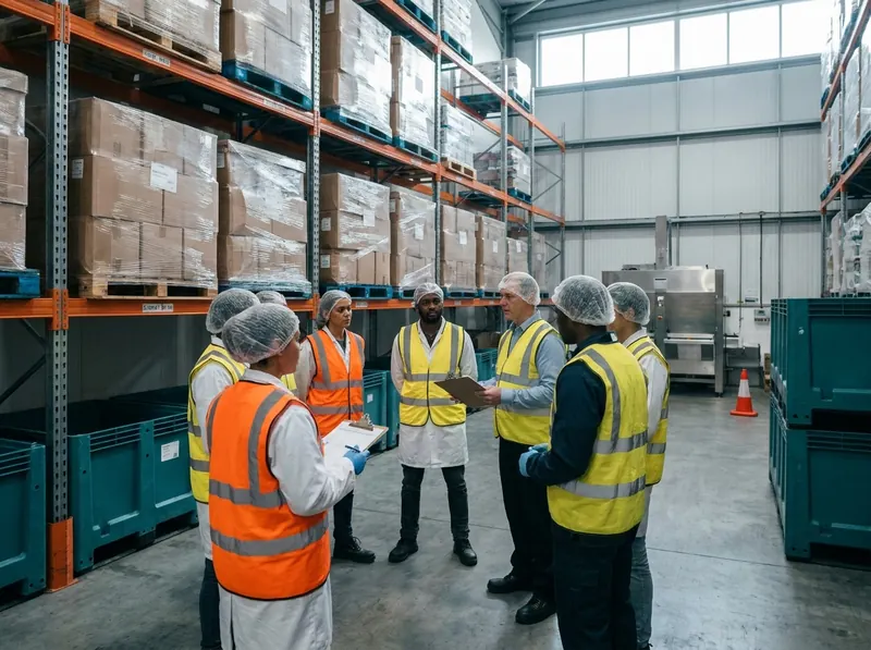 Workers in safety vests reviewing a checklist near a marked fire exit in a warehouse