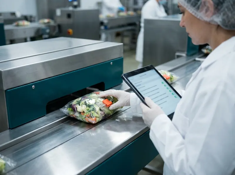 Quality supervisor reviewing SQF records next to a stainless steel packaging line